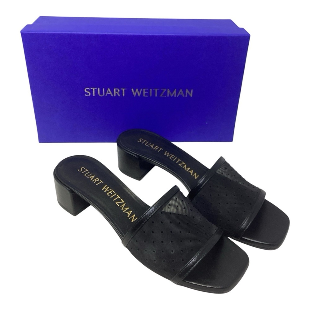 Stuart Weitzman Cayman 35 Block Heel Sheer Mesh Slide Sandals Black Leather 7